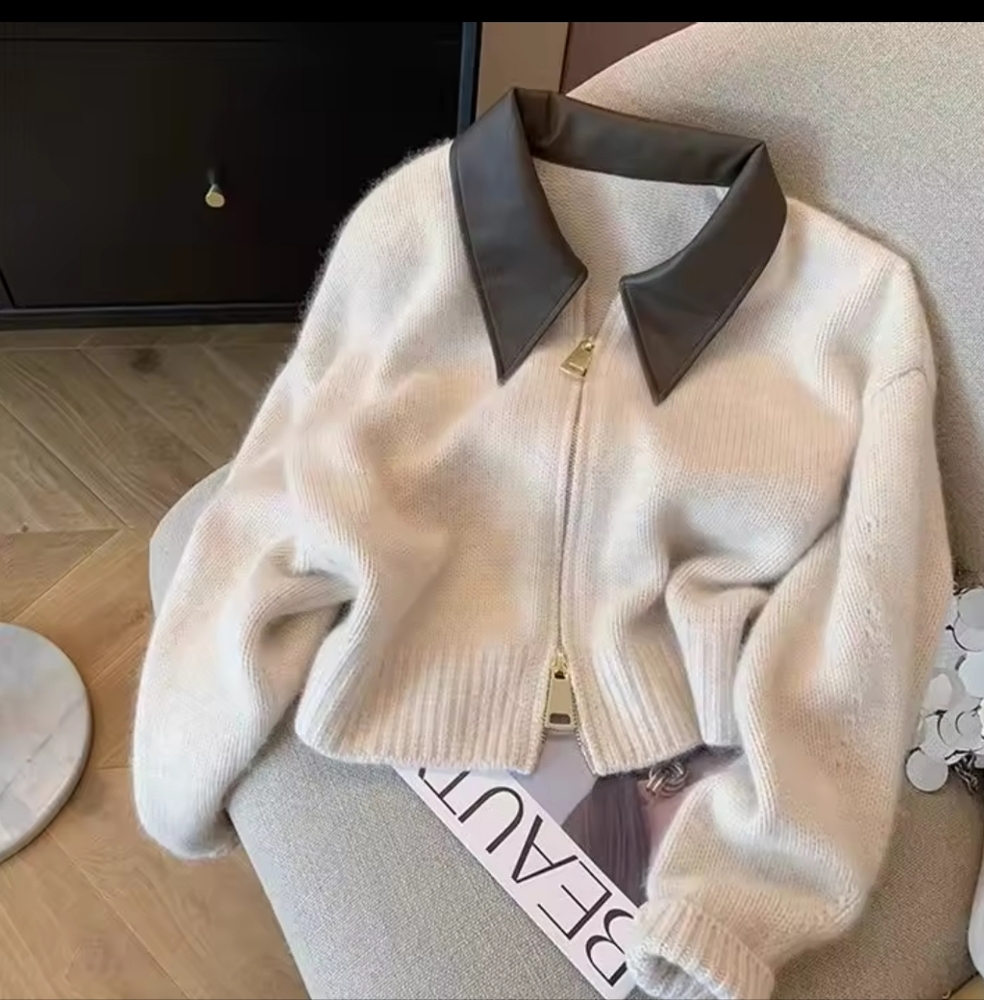 Collar Knit Sweater Fashion Double Zipper Cardigan - Picture 6 of 8